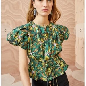 Ulla Johnson Green Leaf Print Puff Sleeve Blouse